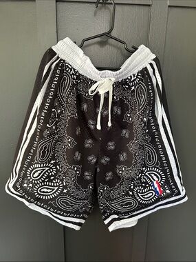 Black Bandana Print Athletic Shorts with White Trim